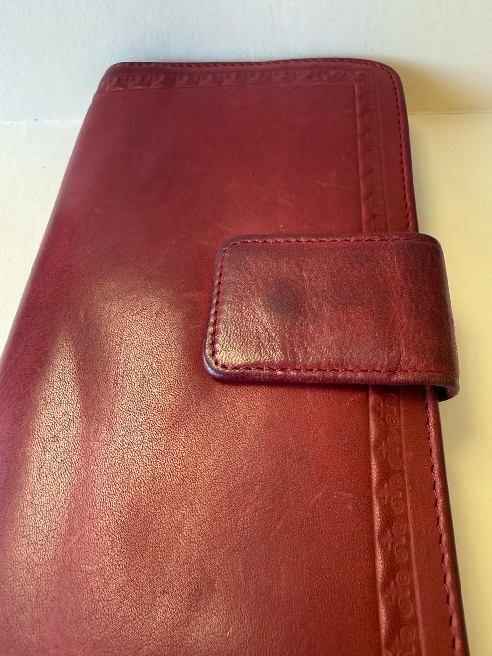 Vintage Deep Red Leather Zip-Around Wallet with Lots of Pockets.